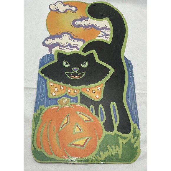 Vintage Halloween Decoration Cardstock Pumpkin Black Cat Two Sided Velvet - Picture 9 of 12